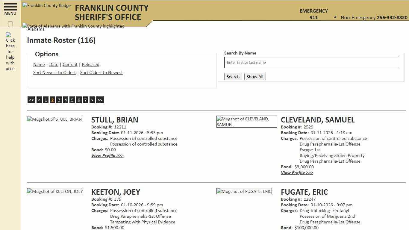 Inmate Roster - Page 2 Current Inmates Booking Date Descending - Franklin County AL Sheriff's Office